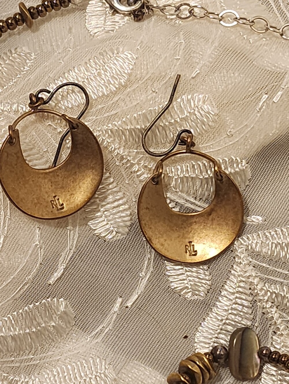 Vintage RALPH LAUREN Signed Hammered Gold Plated Crescent Drop Earrings